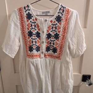 White Embroidered Blouse with Orange and Blue Accents